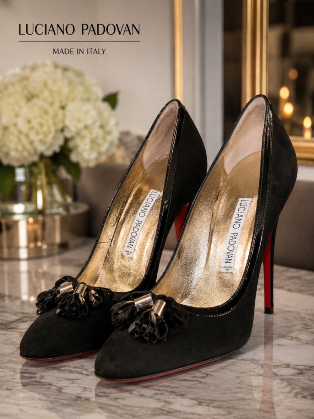 Luciano Padovan Black Suede Tassel Stiletto Pumps Red Sole Italy 38.5